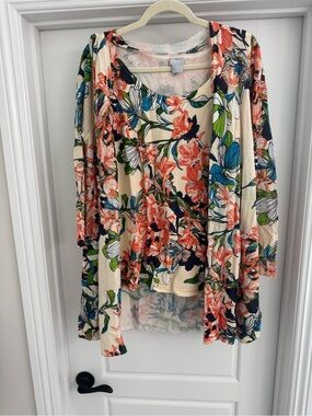 Chico's Cream Floral Knit Cardigan & Tank Set size 3